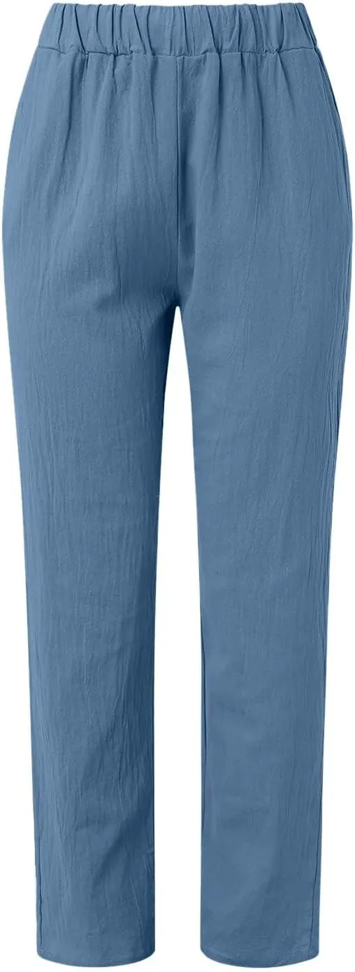 Womens Linen Pants Lightweight Straight Leg Pants Casual Elastic Waist Sweatpants Summer Beach Trousers with Pockets