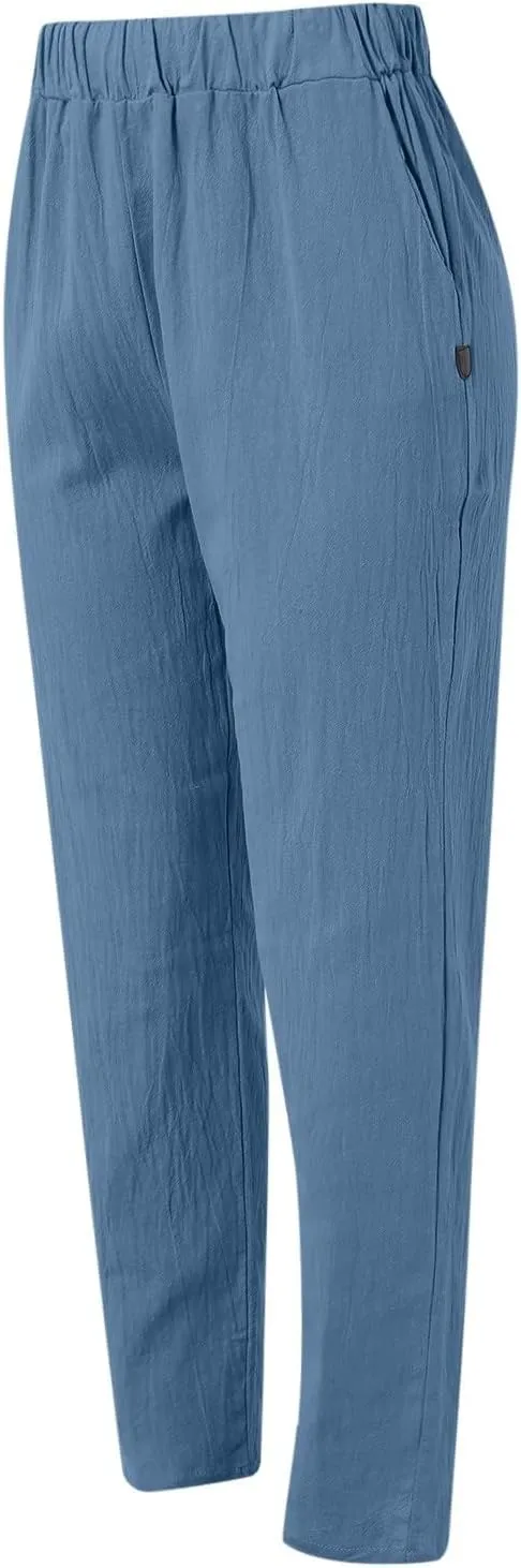 Womens Linen Pants Lightweight Straight Leg Pants Casual Elastic Waist Sweatpants Summer Beach Trousers with Pockets