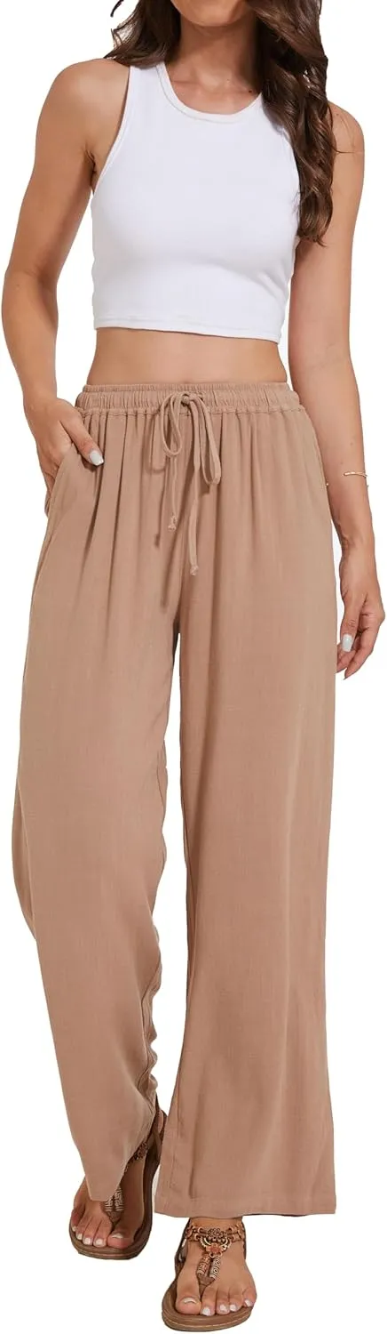 Women's Linen Pants Wide Leg High Waisted Drawstring Summer Beach Vacation Casual Pants with Pockets