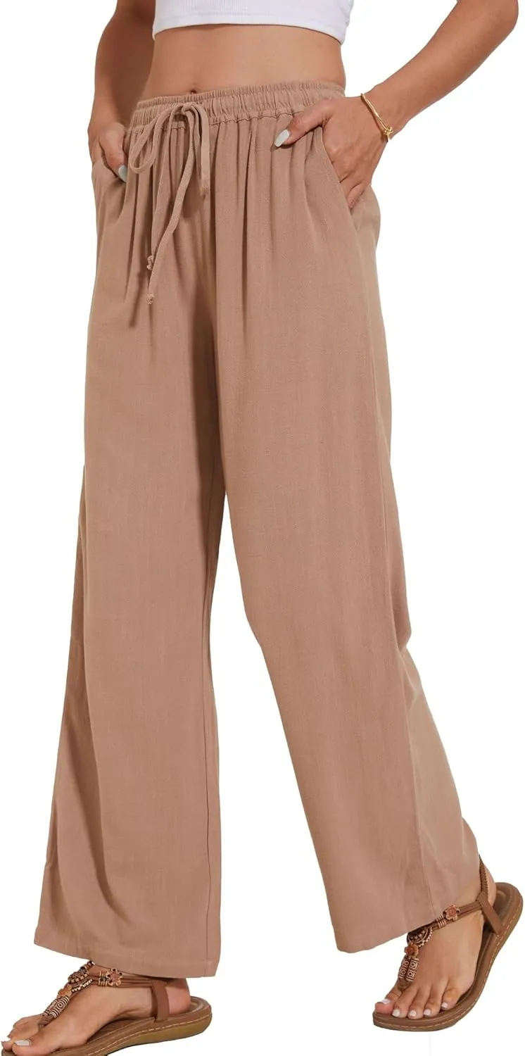 Women's Linen Pants Wide Leg High Waisted Drawstring Summer Beach Vacation Casual Pants with Pockets