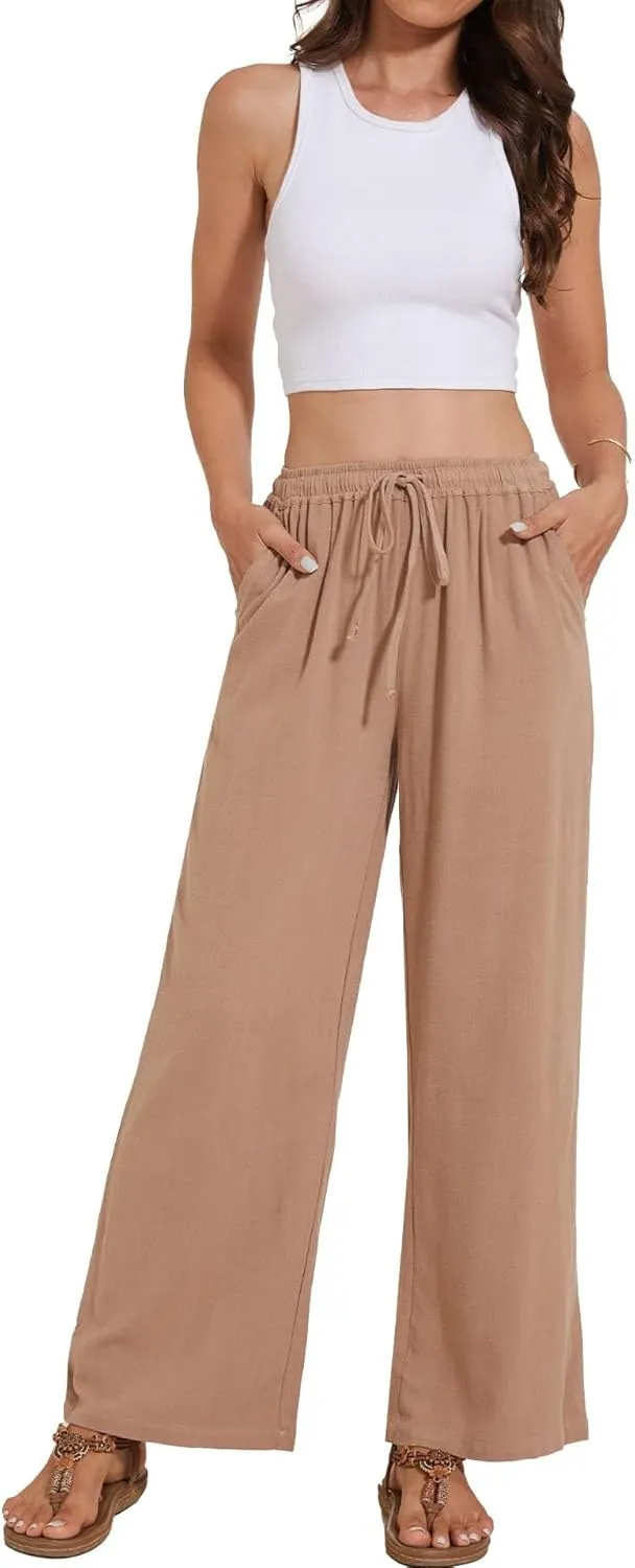 Women's Linen Pants Wide Leg High Waisted Drawstring Summer Beach Vacation Casual Pants with Pockets