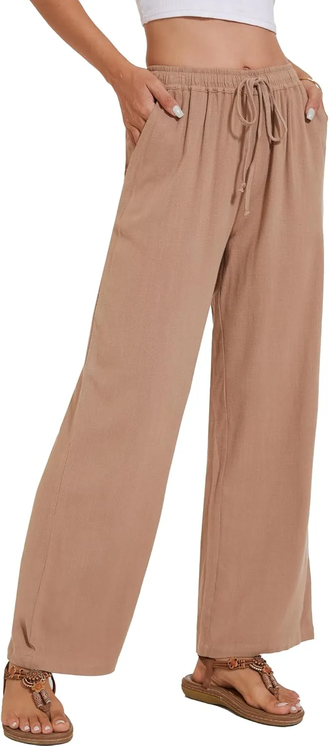 Women's Linen Pants Wide Leg High Waisted Drawstring Summer Beach Vacation Casual Pants with Pockets