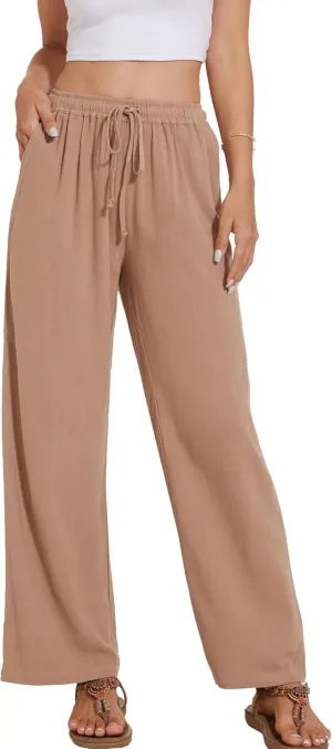 Women's Linen Pants Wide Leg High Waisted Drawstring Summer Beach Vacation Casual Pants with Pockets