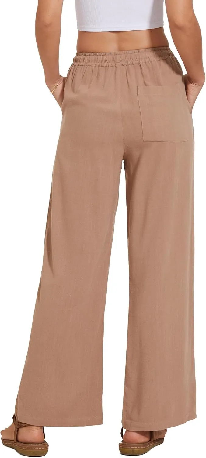 Women's Linen Pants Wide Leg High Waisted Drawstring Summer Beach Vacation Casual Pants with Pockets