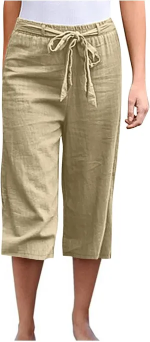 Womens Linen Summer Boho Palazzo Pants Elastic Waisted Long Lounge Loose Fit Trouser Vacation