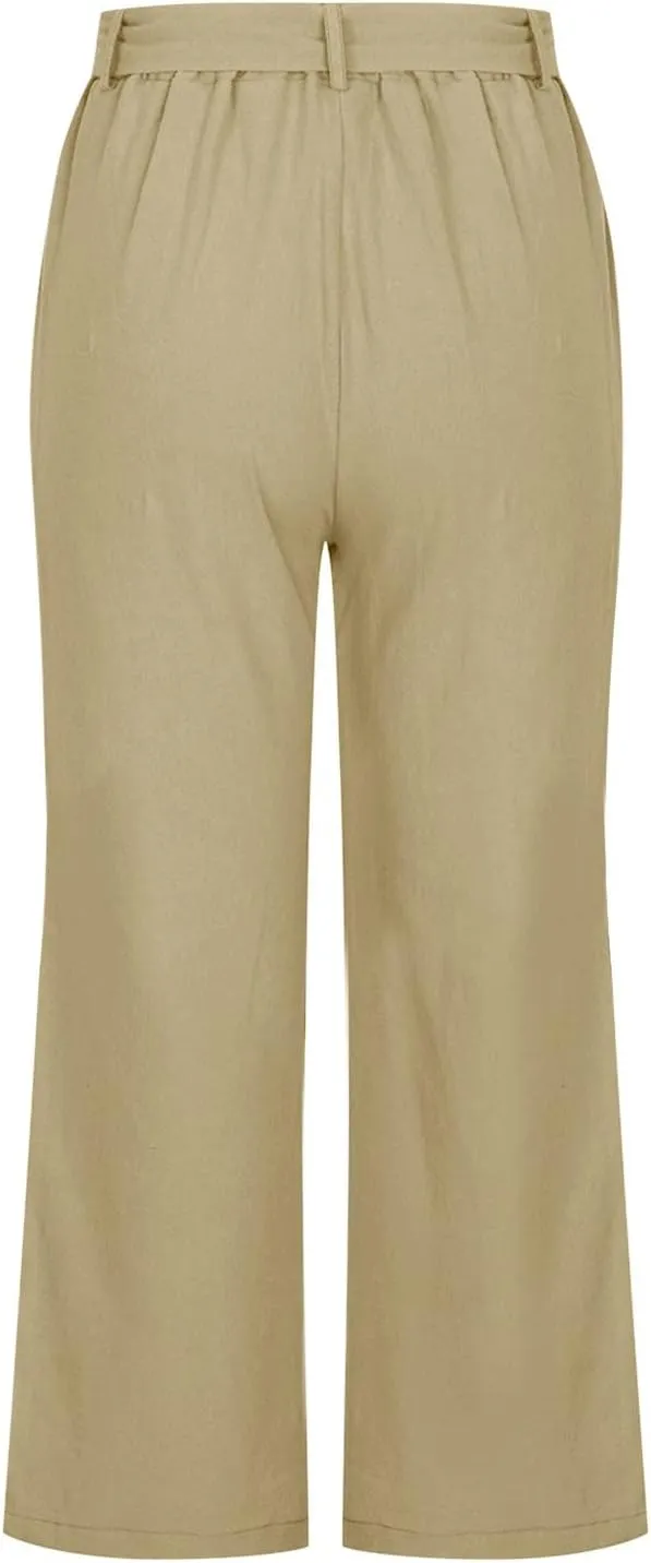 Womens Linen Summer Boho Palazzo Pants Elastic Waisted Long Lounge Loose Fit Trouser Vacation