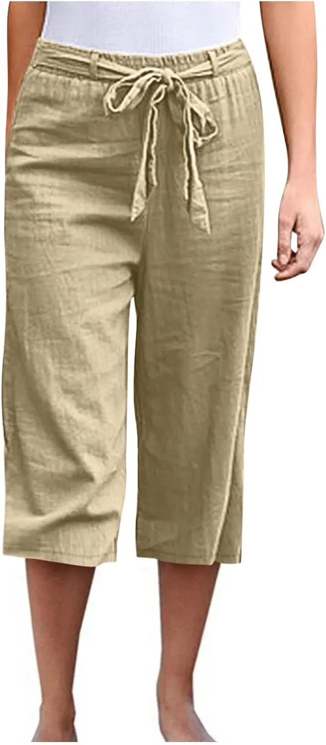 Womens Linen Summer Boho Palazzo Pants Elastic Waisted Long Lounge Loose Fit Trouser Vacation