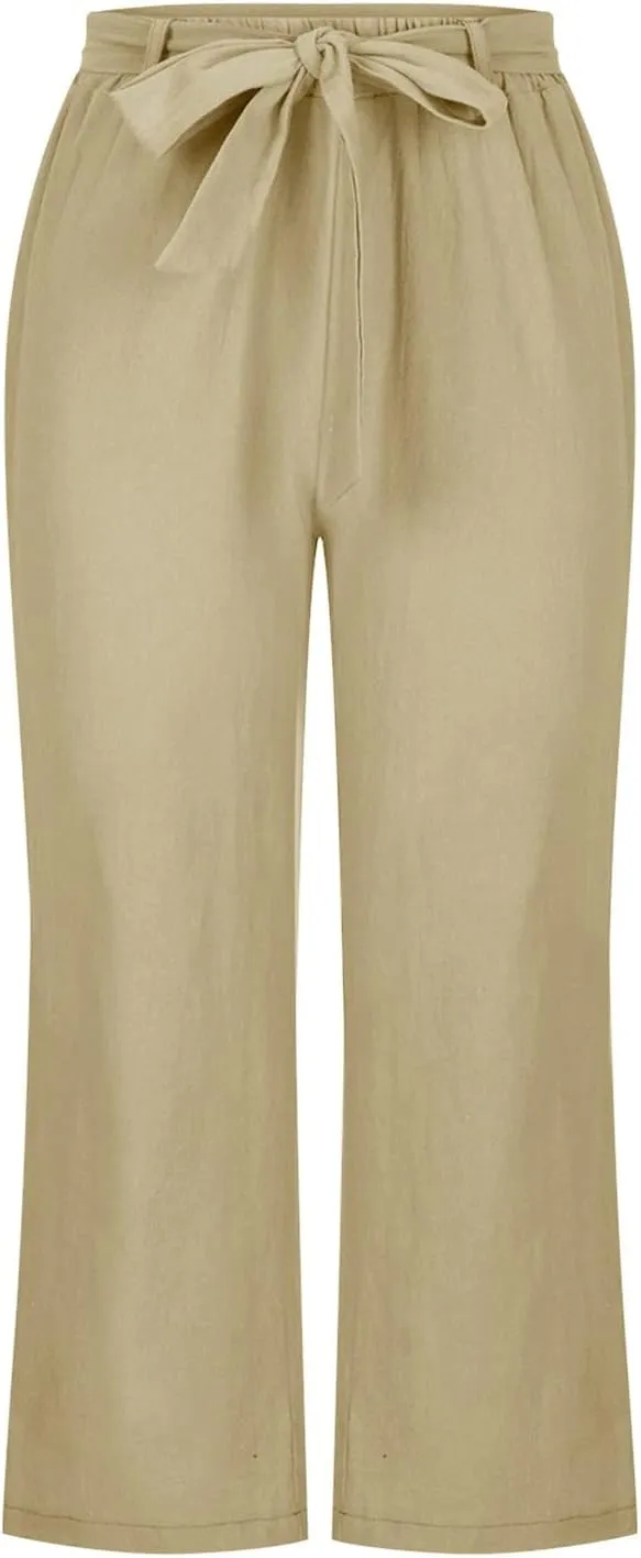 Womens Linen Summer Boho Palazzo Pants Elastic Waisted Long Lounge Loose Fit Trouser Vacation