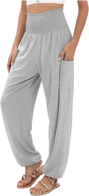 Women's Linen Summer Drawstring Palazzo Pants Elastic Waist Wide Leg Slim-Fit Pant Trousers Beach