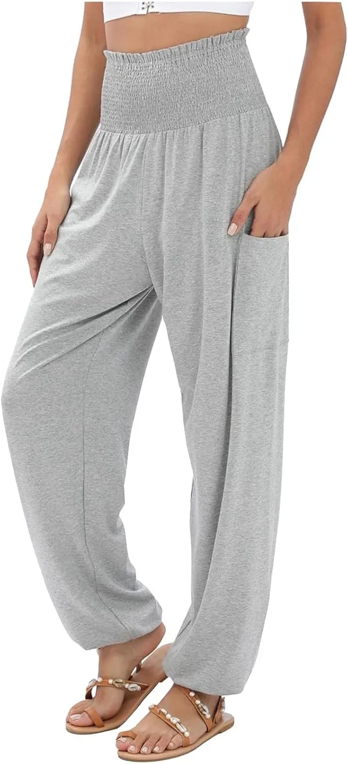 Women's Linen Summer Drawstring Palazzo Pants Elastic Waist Wide Leg Slim-Fit Pant Trousers Beach