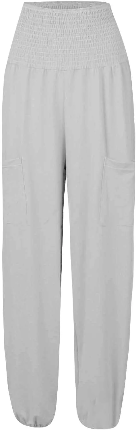 Women's Linen Summer Drawstring Palazzo Pants Elastic Waist Wide Leg Slim-Fit Pant Trousers Beach
