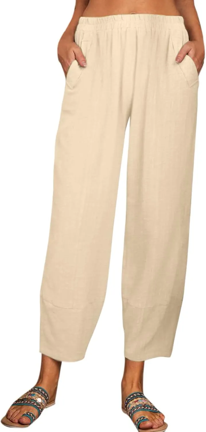 Women's Linen Summer Loose Flowy Palazzo Lounge Pants High Waist Long Lounge Slim Fit Trouser Business Work