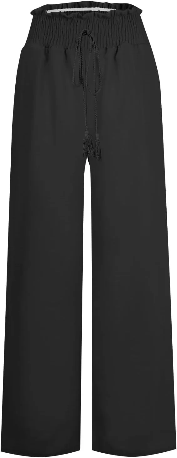 Womens Linen Summer Loose Flowy Palazzo Pants High Waist Bootcut Slim-Fit Pants Travel