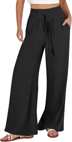 Womens Linen Summer Loose Flowy Palazzo Pants High Waist Bootcut Slim-Fit Pants Travel