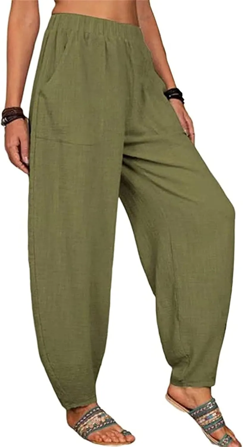 Women's Linen Summer Split Flowy Palazzo Pants Elastic Waisted Long Lounge Loose Fit Pants Vacation