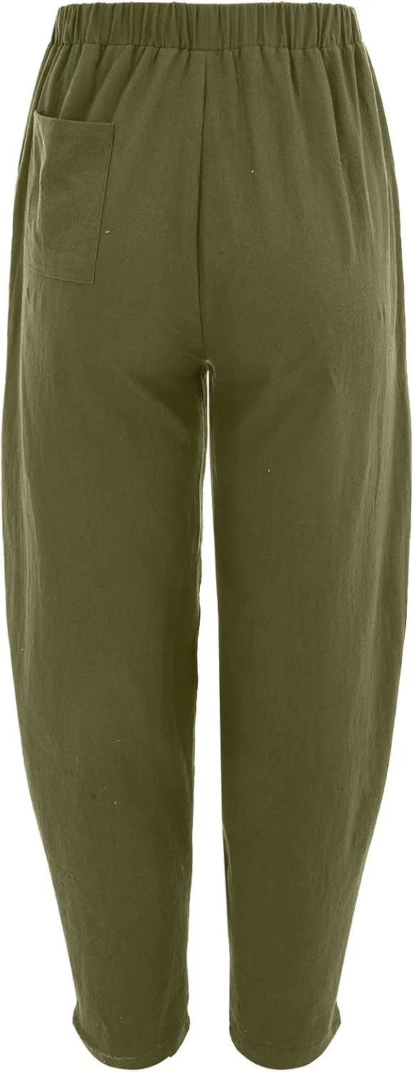 Women's Linen Summer Split Flowy Palazzo Pants Elastic Waisted Long Lounge Loose Fit Pants Vacation