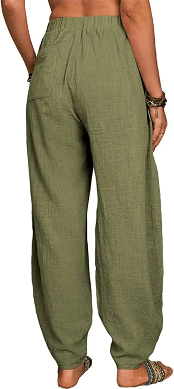 Women's Linen Summer Split Flowy Palazzo Pants Elastic Waisted Long Lounge Loose Fit Pants Vacation