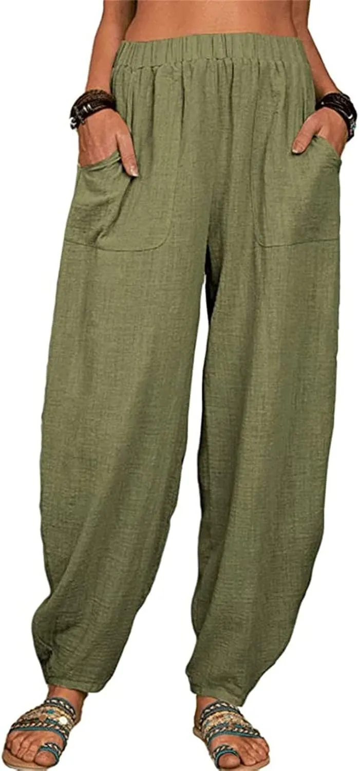 Women's Linen Summer Split Flowy Palazzo Pants Elastic Waisted Long Lounge Loose Fit Pants Vacation