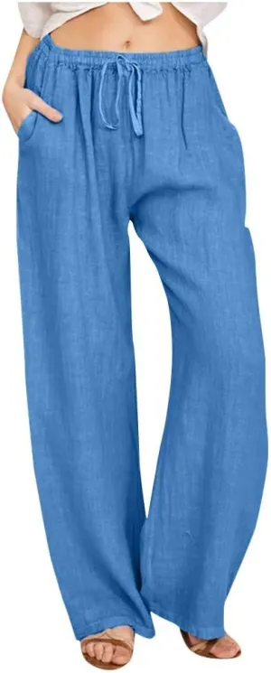 Womens Linen Wide Leg Palazzo Pants Casual Loose Drawstring Summer Beach Travel Vacation Harem Pants with Pockets