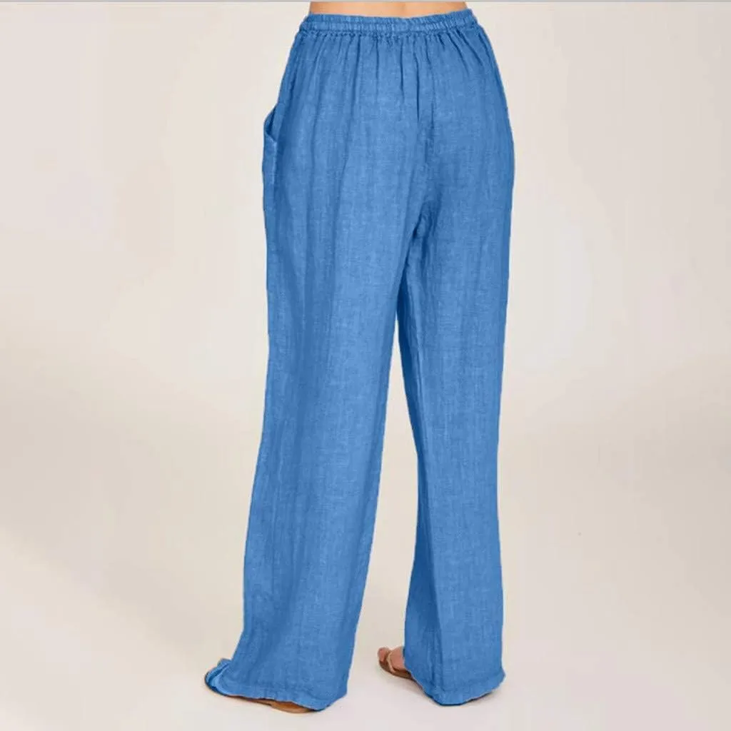 Womens Linen Wide Leg Palazzo Pants Casual Loose Drawstring Summer Beach Travel Vacation Harem Pants with Pockets