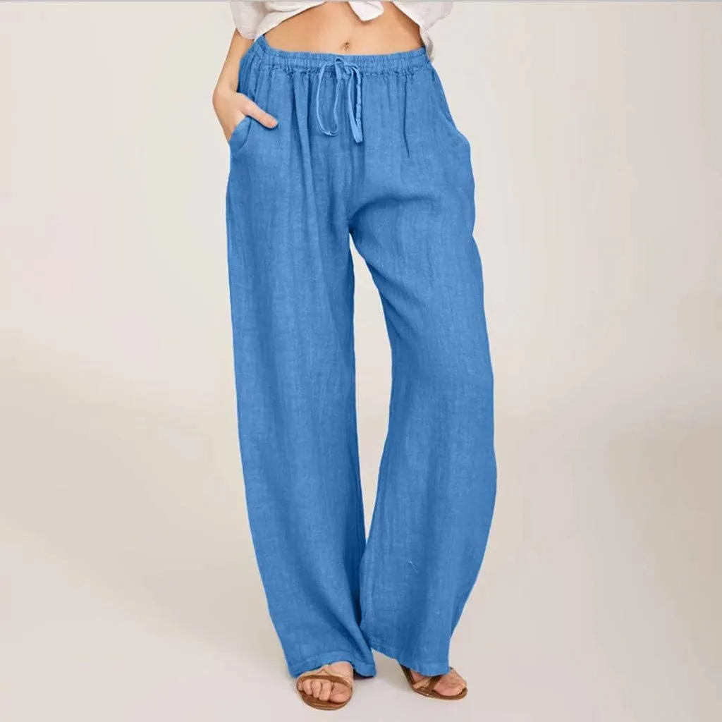 Womens Linen Wide Leg Palazzo Pants Casual Loose Drawstring Summer Beach Travel Vacation Harem Pants with Pockets