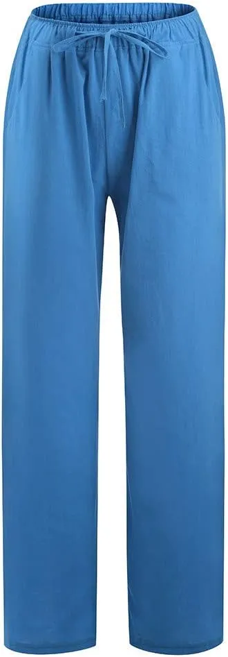 Womens Linen Wide Leg Palazzo Pants Casual Loose Drawstring Summer Beach Travel Vacation Harem Pants with Pockets
