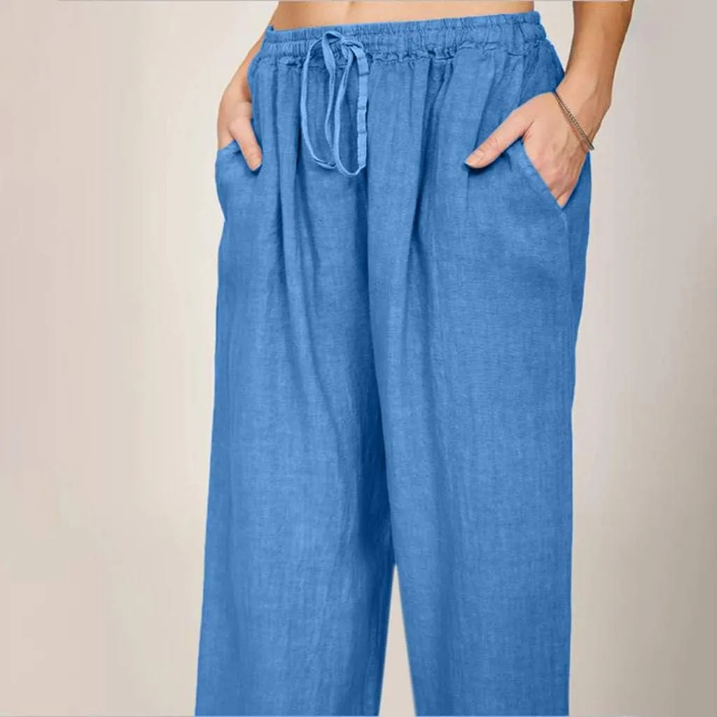Womens Linen Wide Leg Palazzo Pants Casual Loose Drawstring Summer Beach Travel Vacation Harem Pants with Pockets