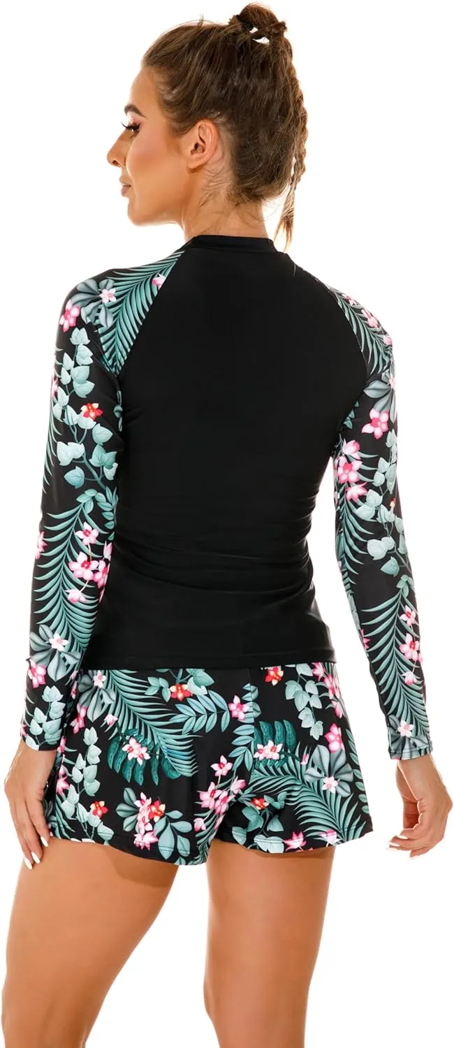 Women's Long Sleeves Rash Guard Athletic Swim Aztec Tankini Sets Swimsuit
