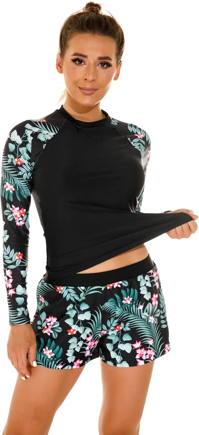 Women's Long Sleeves Rash Guard Athletic Swim Aztec Tankini Sets Swimsuit