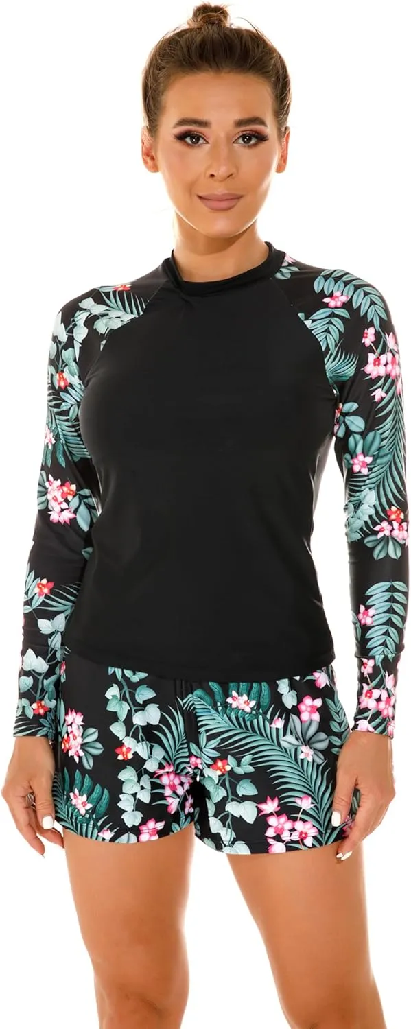 Women's Long Sleeves Rash Guard Athletic Swim Aztec Tankini Sets Swimsuit