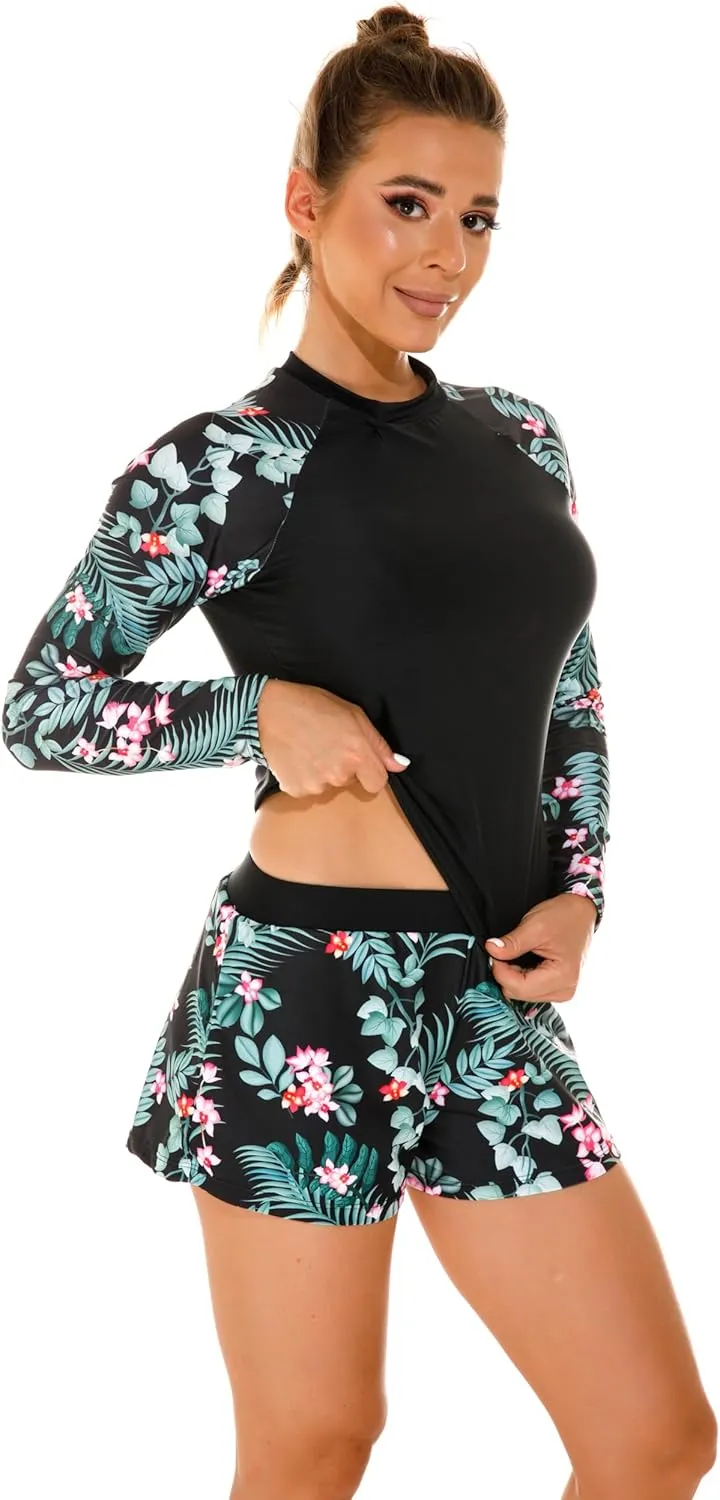 Women's Long Sleeves Rash Guard Athletic Swim Aztec Tankini Sets Swimsuit