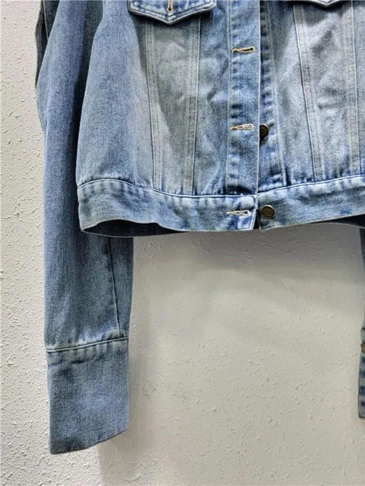 Women's Off-Shoulder Denim Coat Autumn Fashion Turn-Down Collar Long Sleeve Jacket