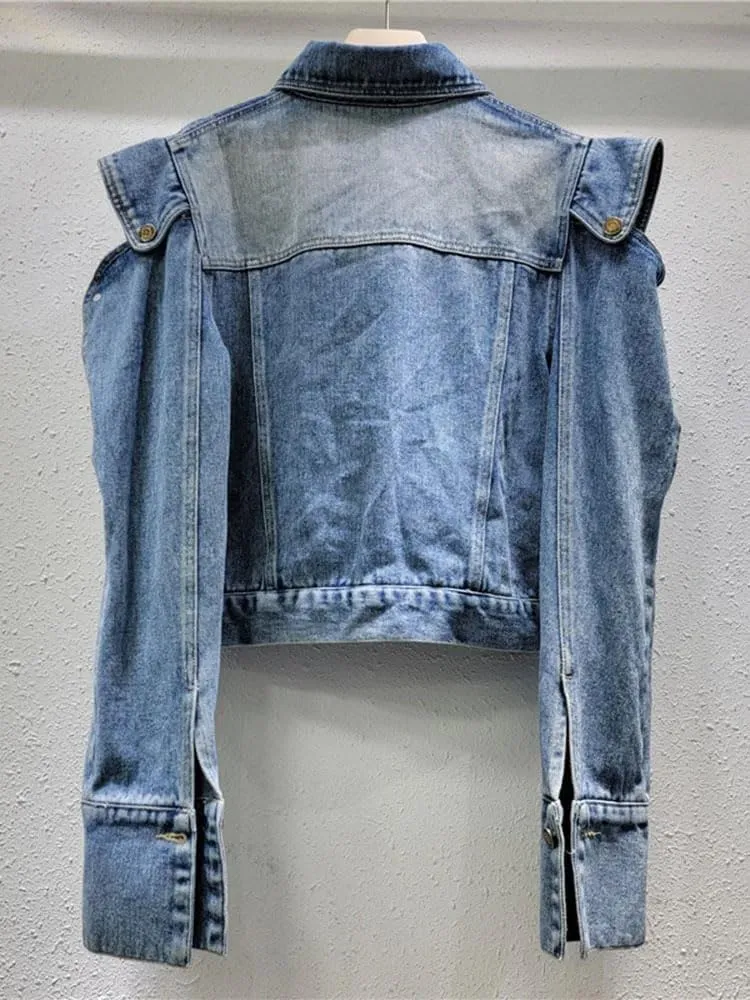 Women's Off-Shoulder Denim Coat Autumn Fashion Turn-Down Collar Long Sleeve Jacket