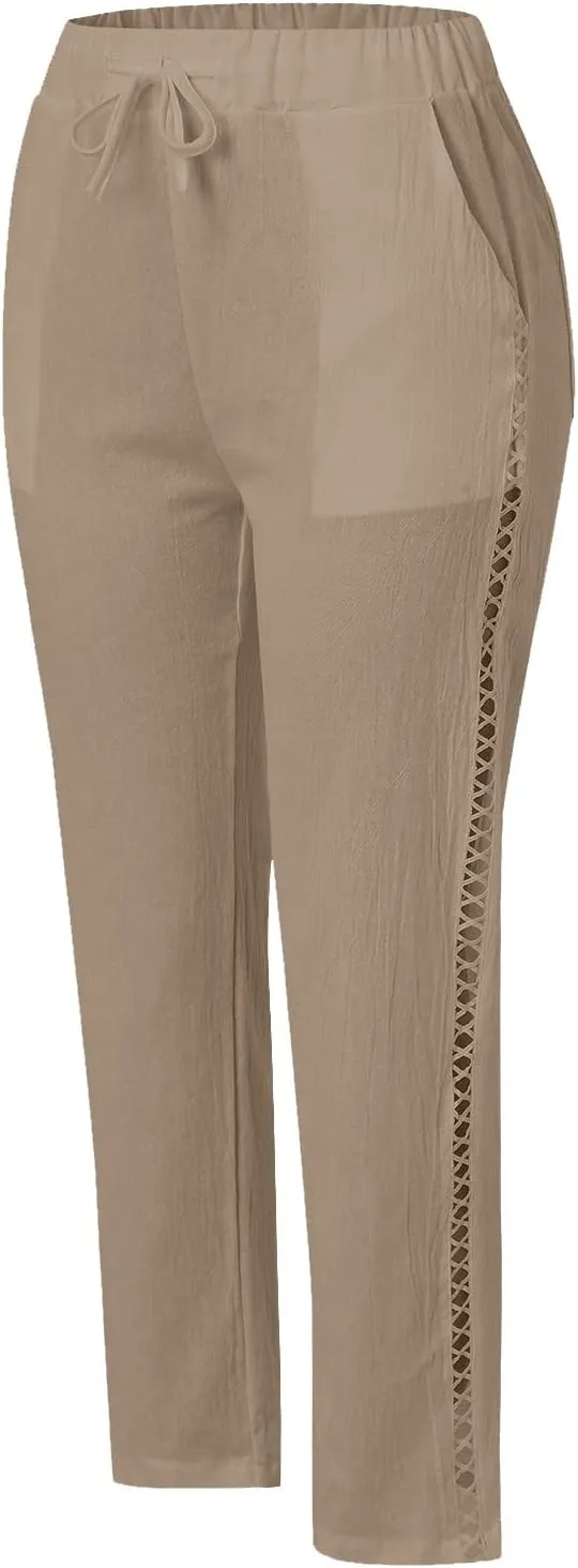 Womens Pants, Casual Pants Peasant Linen Straight Leg Drawstring Plaid 2025 Loose