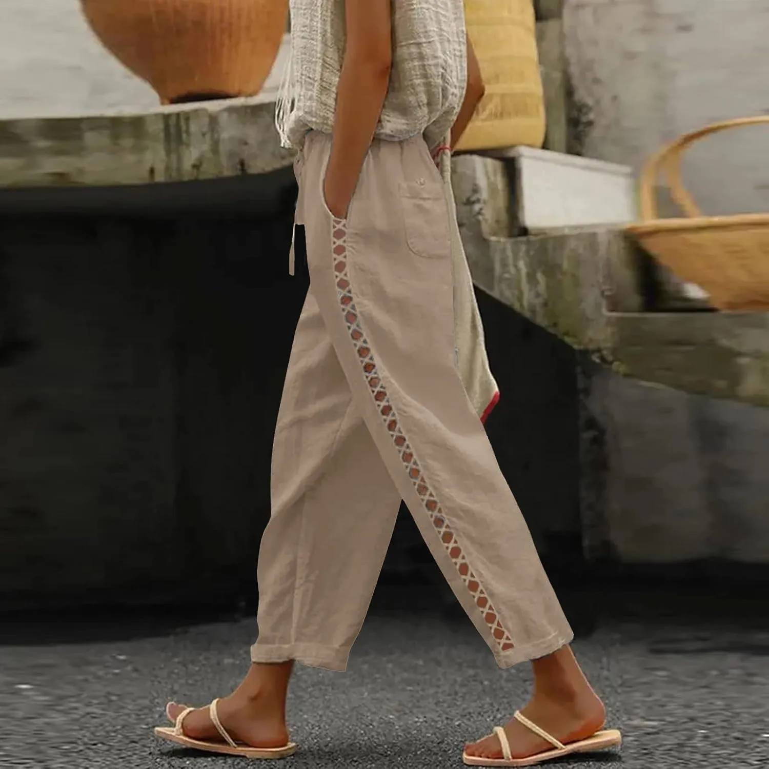 Womens Pants, Casual Pants Peasant Linen Straight Leg Drawstring Plaid 2025 Loose