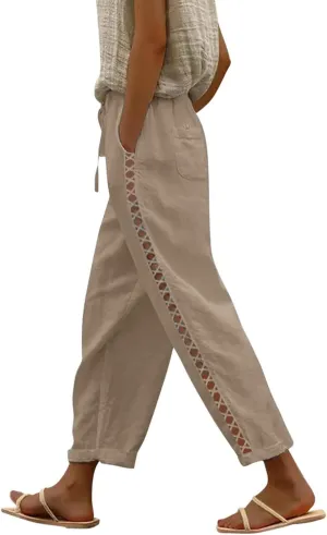 Womens Pants, Casual Pants Peasant Linen Straight Leg Drawstring Plaid 2025 Loose