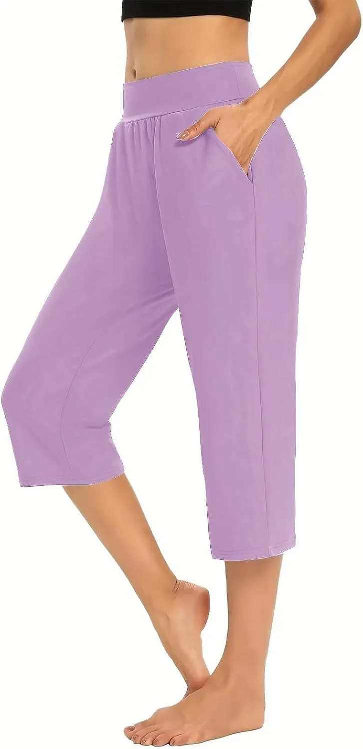 Women's Pants, High Waist Capri Pants with Pockets Wide Leg Cropped Casual