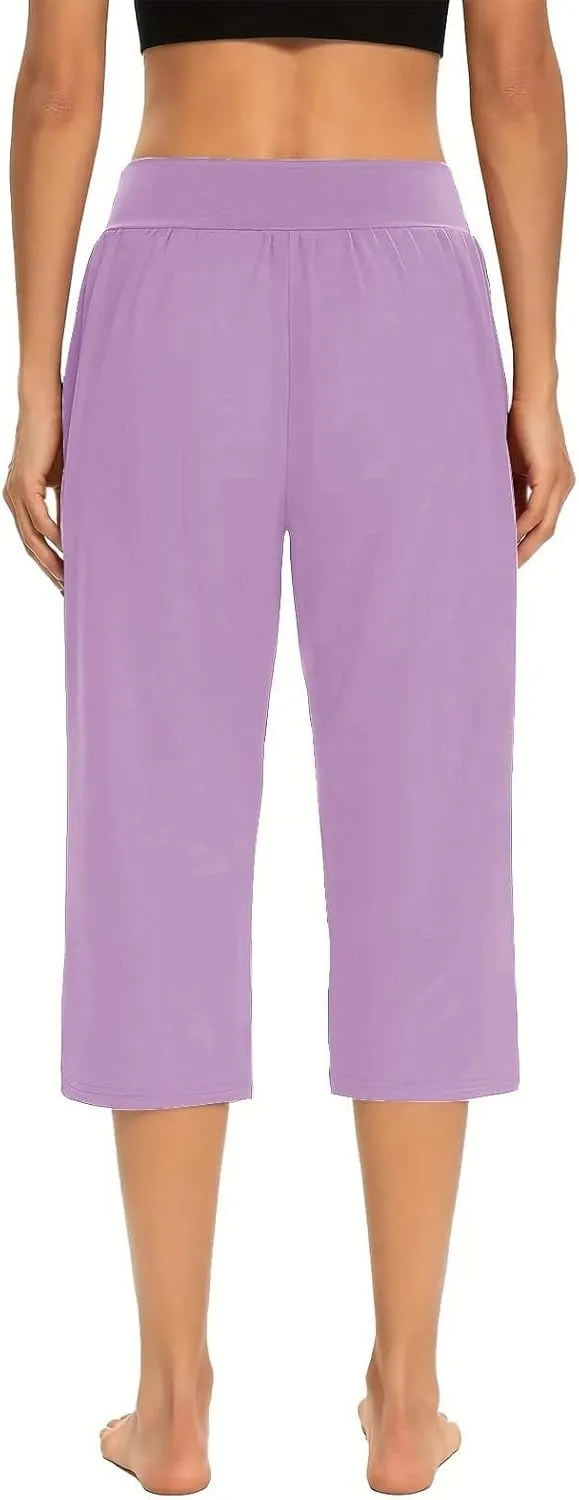Women's Pants, High Waist Capri Pants with Pockets Wide Leg Cropped Casual