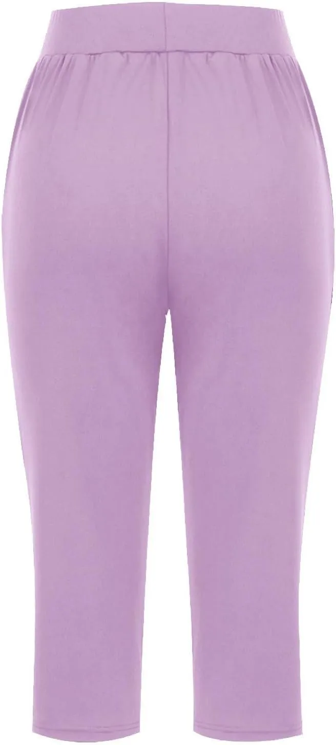 Women's Pants, High Waist Capri Pants with Pockets Wide Leg Cropped Casual