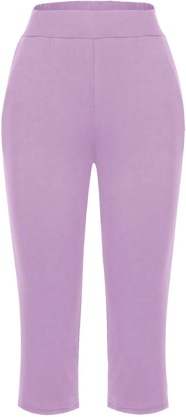 Women's Pants, High Waist Capri Pants with Pockets Wide Leg Cropped Casual
