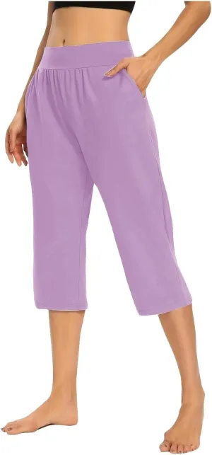 Women's Pants, High Waist Capri Pants with Pockets Wide Leg Cropped Casual