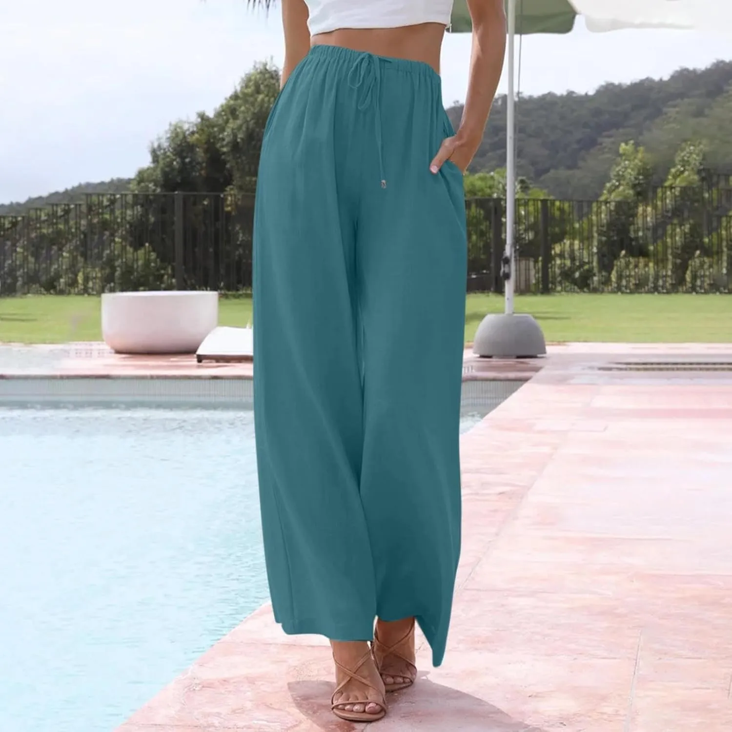 Women's Pants, Linen Pants Wide Leg Straight High Waisted Cotton Summer Lounge