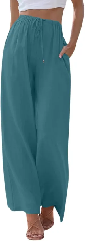 Women's Pants, Linen Pants Wide Leg Straight High Waisted Cotton Summer Lounge