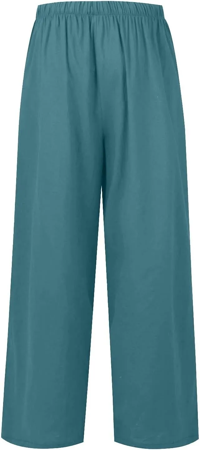 Women's Pants, Linen Pants Wide Leg Straight High Waisted Cotton Summer Lounge