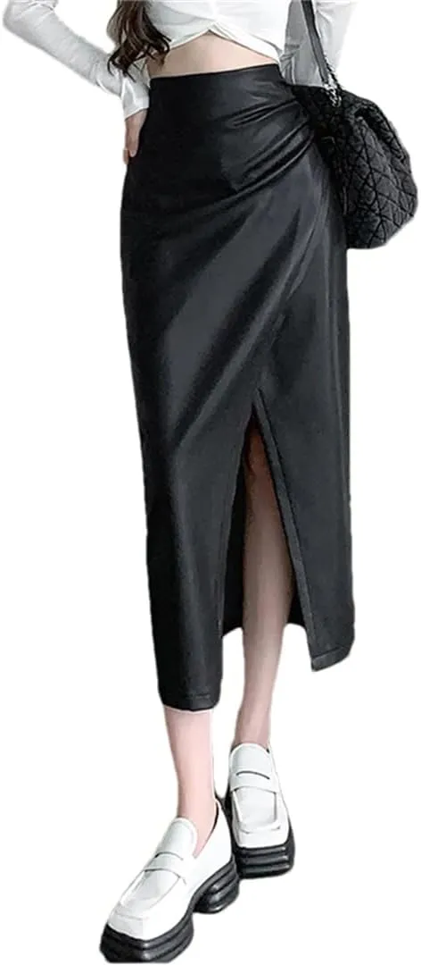 Women's PU Skirt Pleated Front Split High Waist Business A-Line Solid Color Midi Skirts
