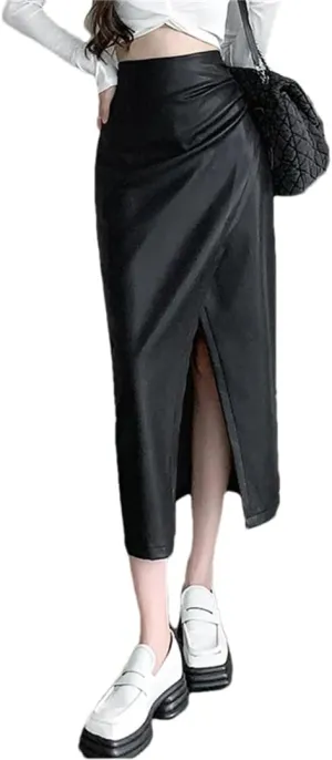 Women's PU Skirt Pleated Front Split High Waist Business A-Line Solid Color Midi Skirts