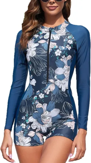 Womens Rash Guard Long Sleeve One Piece Swimsuits Zipper Front with Boy Shorts Swim Shirt Uv Protection UPF 50