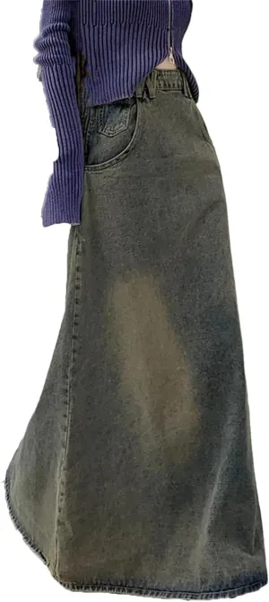 Women's Retro Distressed Washed Denim Skirts with Pockets High Waisted A-Line Big Hem Jeans Maxi Skirts