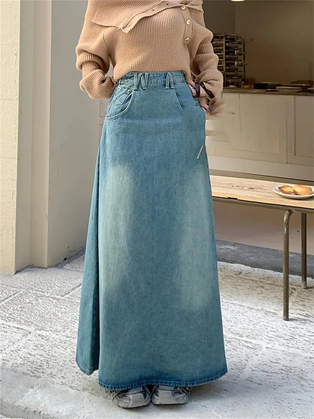 Women's Retro Distressed Washed Denim Skirts with Pockets High Waisted A-Line Big Hem Jeans Maxi Skirts
