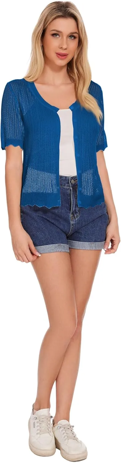 Women's Short Sleeve Summer Hollow Out Crew Neck Button Down Cardigan Sweater